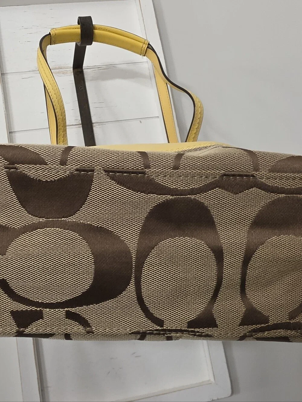 2000s Coach Signature Stripe Zip Top Tote Brown/khaki And Yellow F13548